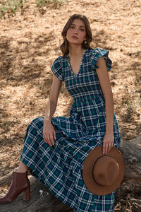 Buckley Plaid Sunfire Smocked Bodice Tiered Midi Dress