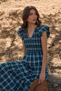 Buckley Plaid Sunfire Smocked Bodice Tiered Midi Dress