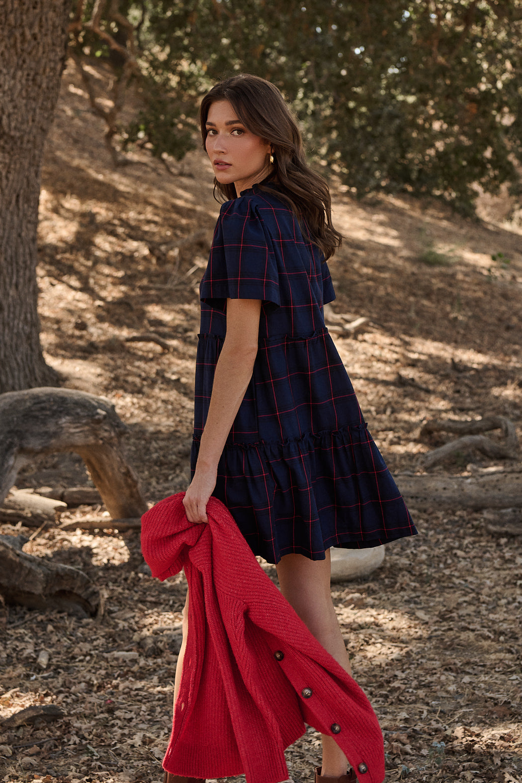 Holbrook Plaid Amelia Tiered Babydoll Short Sleeve Dress NAVY-RED / XS by Sugarlips Holbrook Plaid Amelia Tiered Babydoll Short Sleeve Dress NAVY-RED / XS by Sugarlips