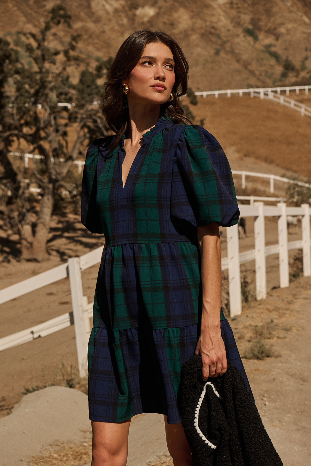 Hudson Plaid Jacey Babydoll Eyelet Mini Dress Navy Green Multi / L