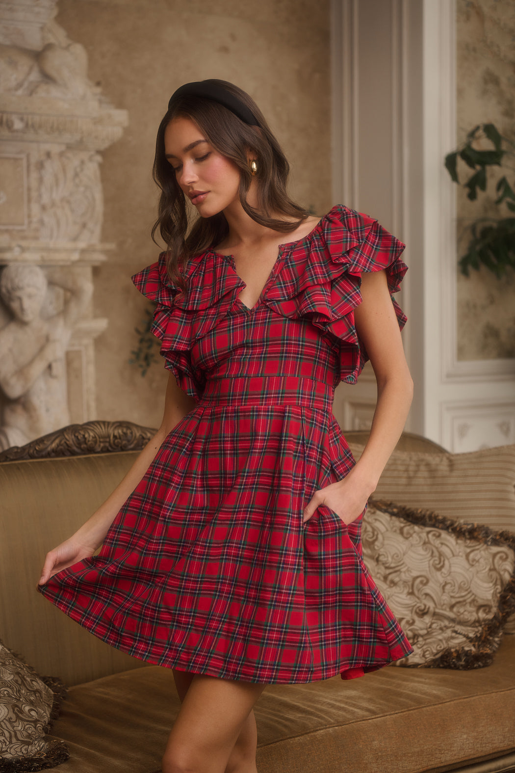 Arvada Plaid Wilma Ruffle Mini Dress RED-MULTI / L by Sugarlips Arvada Plaid Wilma Ruffle Mini Dress RED-MULTI / L by Sugarlips