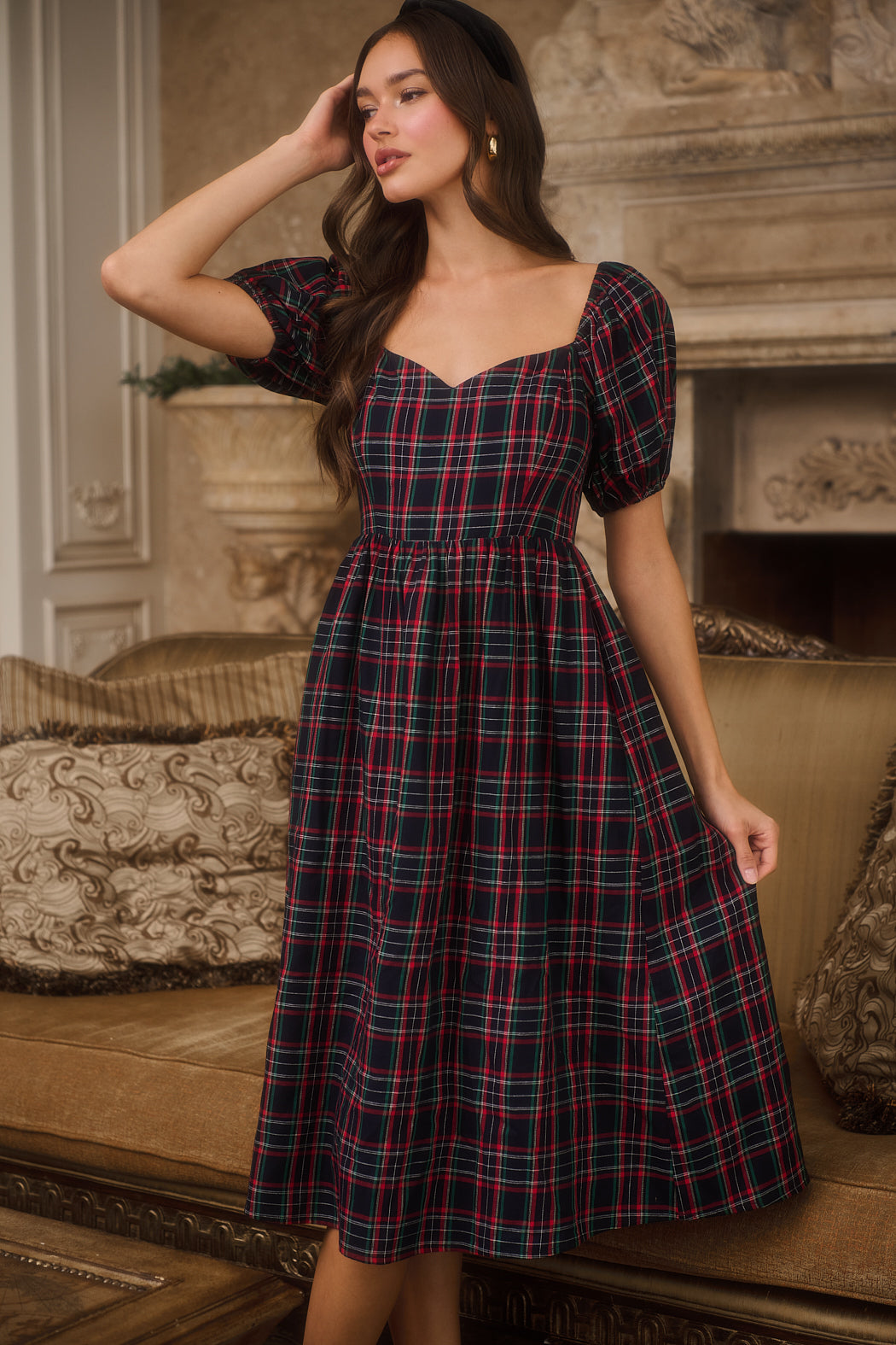 Arvada Plaid Alessi Puff Sleeve Midi Dress NAVY-MULTI / XL by Sugarlips Arvada Plaid Alessi Puff Sleeve Midi Dress NAVY-MULTI / XL by Sugarlips