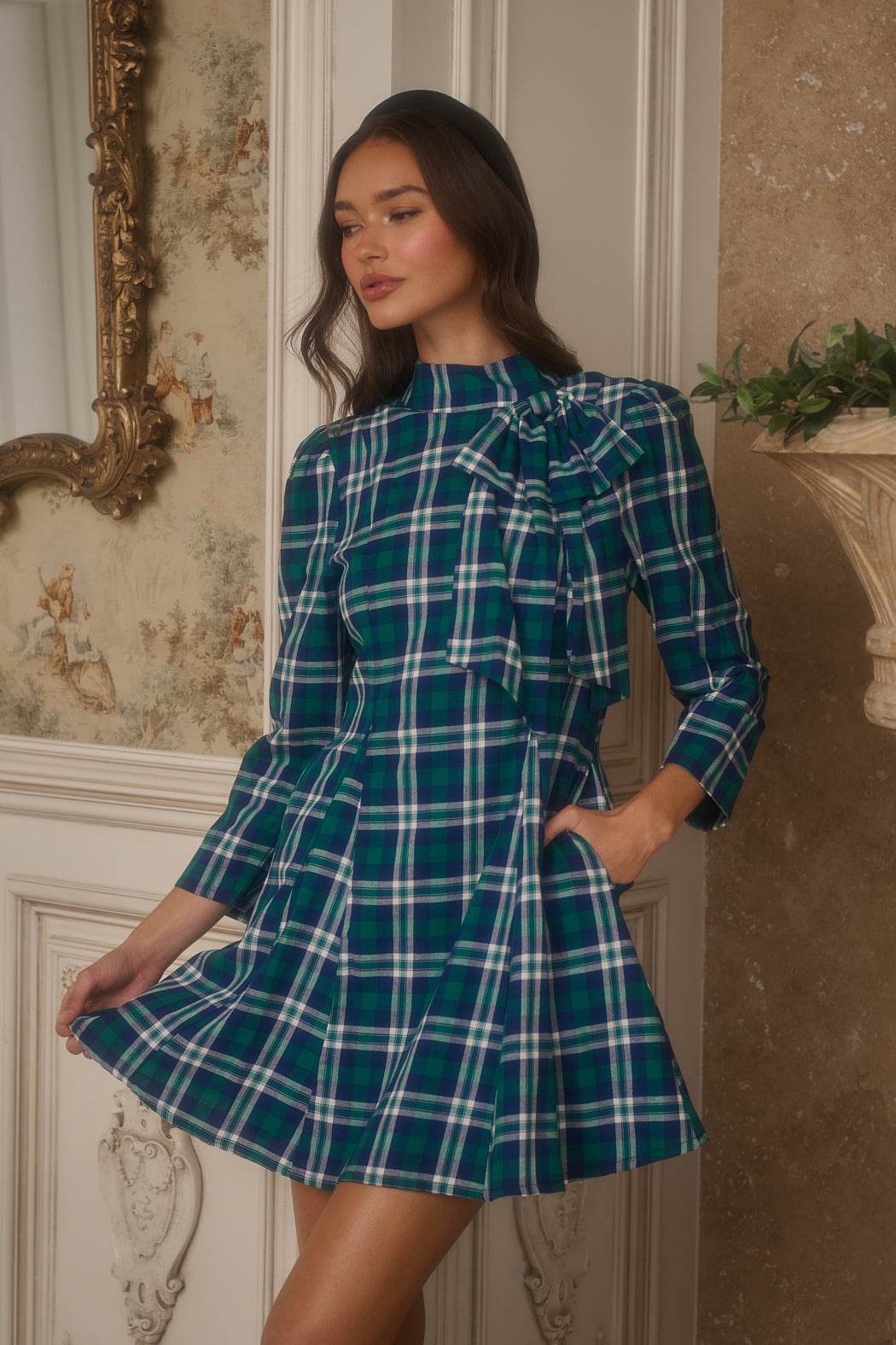 Buckley Plaid Padma Bow Mini Dress NAVY-GREEN / XL by Sugarlips Buckley Plaid Padma Bow Mini Dress NAVY-GREEN / XL by Sugarlips