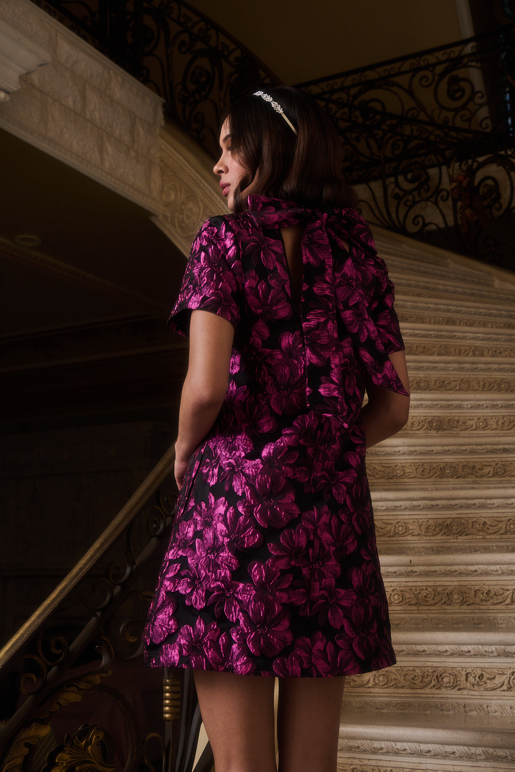 Bethan Jacquard Floral Nova Back Bow Tie Mini Dress Pink-Black / L by Sugarlips Bethan Jacquard Floral Nova Back Bow Tie Mini Dress Pink-Black / L by Sugarlips