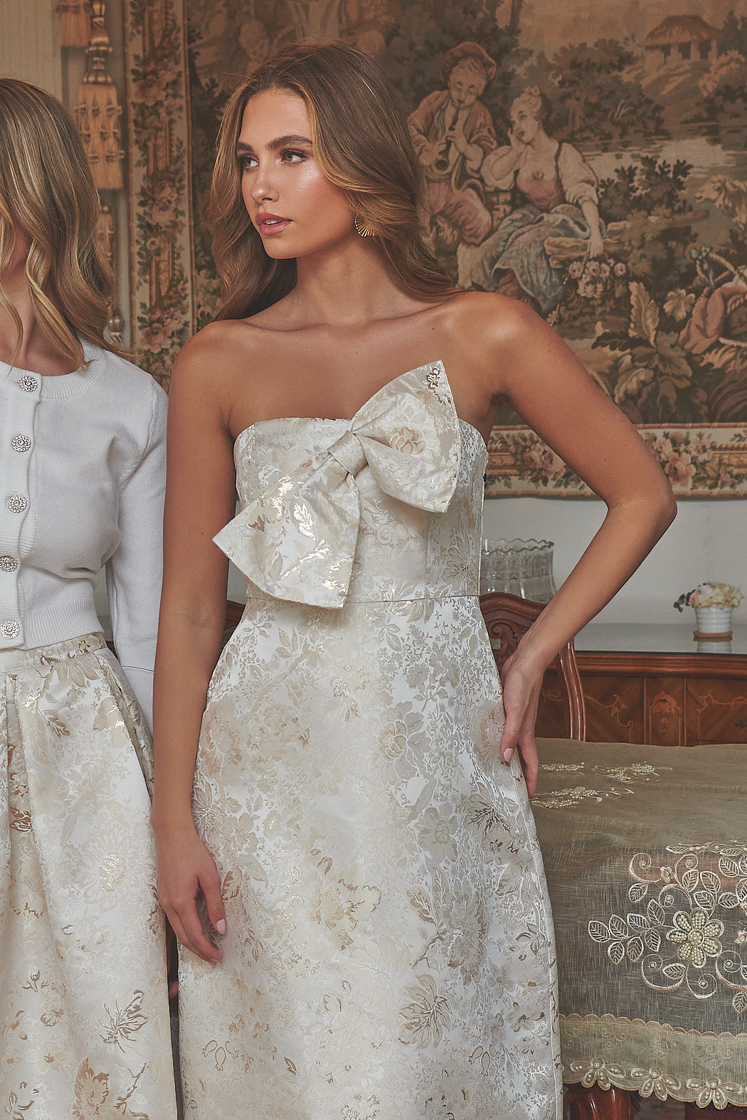 Lola Jacquard Bow Strapless Midi Dress CHAMPAGNE / S by Sugarlips Lola Jacquard Bow Strapless Midi Dress CHAMPAGNE / S by Sugarlips
