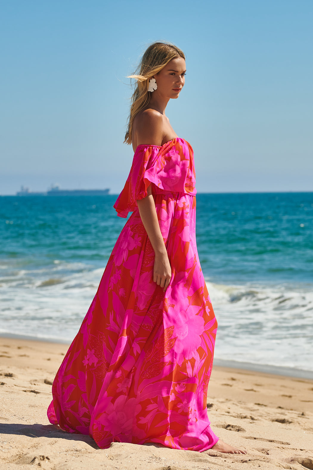 pink off shoulder ruffle dress Angela Mauve Off Shoulder Ruffle Dress