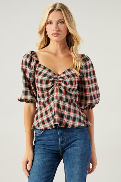 Woodby Plaid Puff Sleeve Peplum Top – Sugarlips