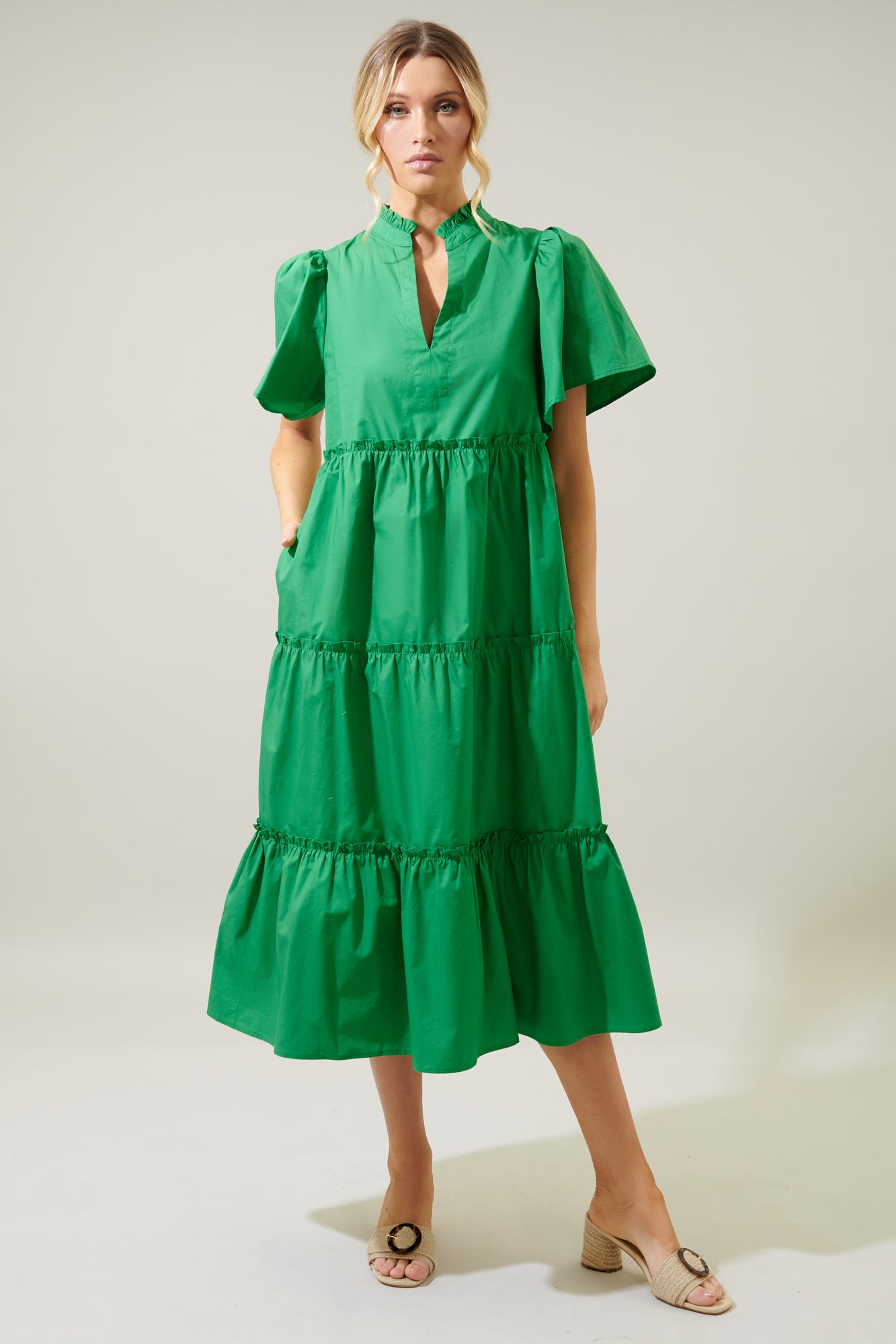 Noelle Split Neck Poplin Tiered Midi Dress MAGENTA / XS by Sugarlips Noelle Split Neck Poplin Tiered Midi Dress MAGENTA / XS by Sugarlips