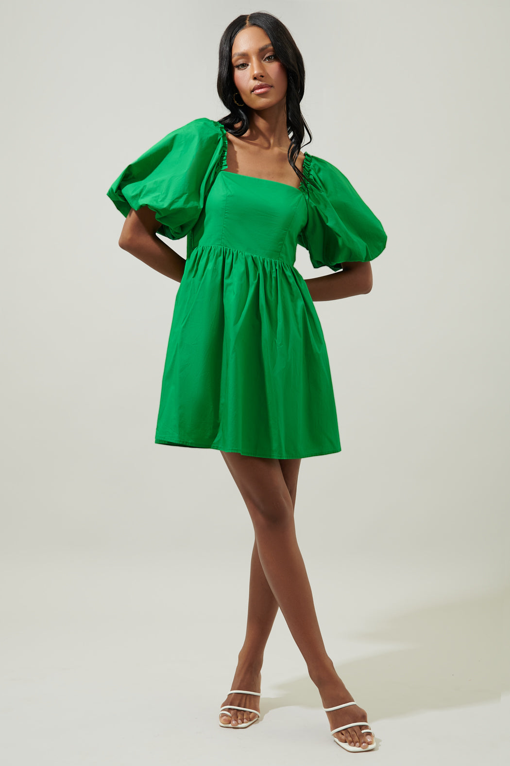 Marion Oversized Puff Sleeve Babydoll Mini Dress KELLY-GREEN / L by Sugarlips