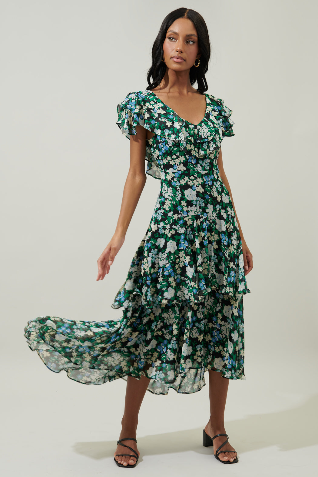 Aulani Floral Ruffle Tiered Sinclair Midi Dress Black-Blue / S by Sugarlips Aulani Floral Ruffle Tiered Sinclair Midi Dress Black-Blue / S by Sugarlips