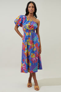Amazonia Blue Bridgette One Shoulder Midi Dress