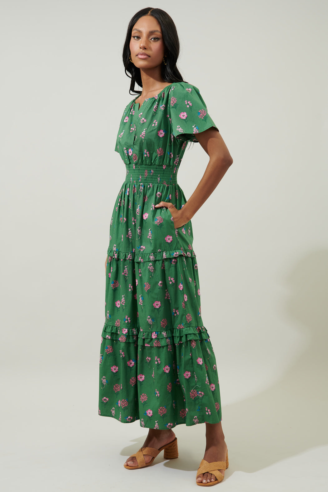 Trini Floral Palmer Poplin Tiered Maxi Dress KELLY-GREEN-PINK / XS by Sugarlips Trini Floral Palmer Poplin Tiered Maxi Dress KELLY-GREEN-PINK / XS by Sugarlips
