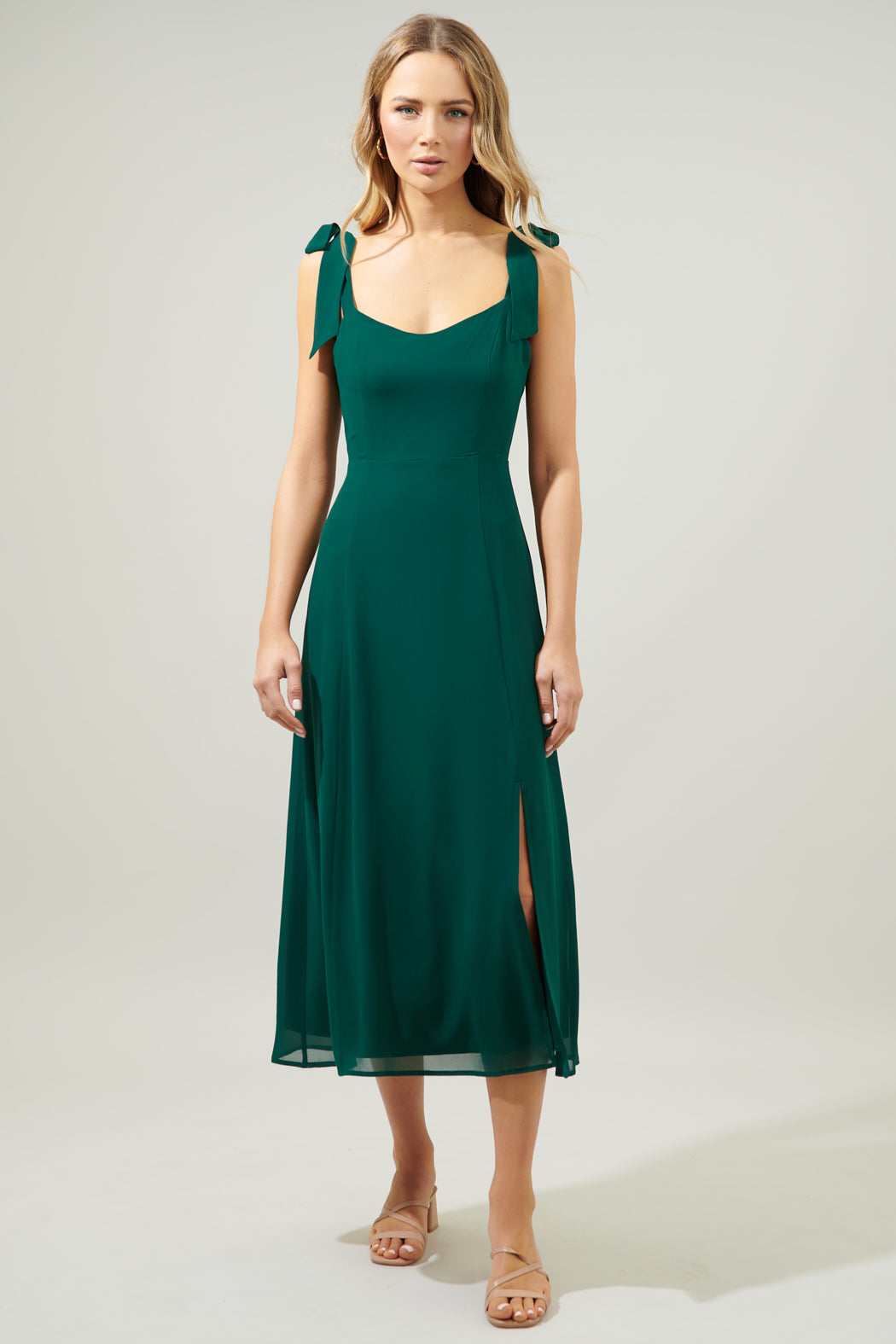 green dress with tie straps Green Tie Strap Maxi Dress