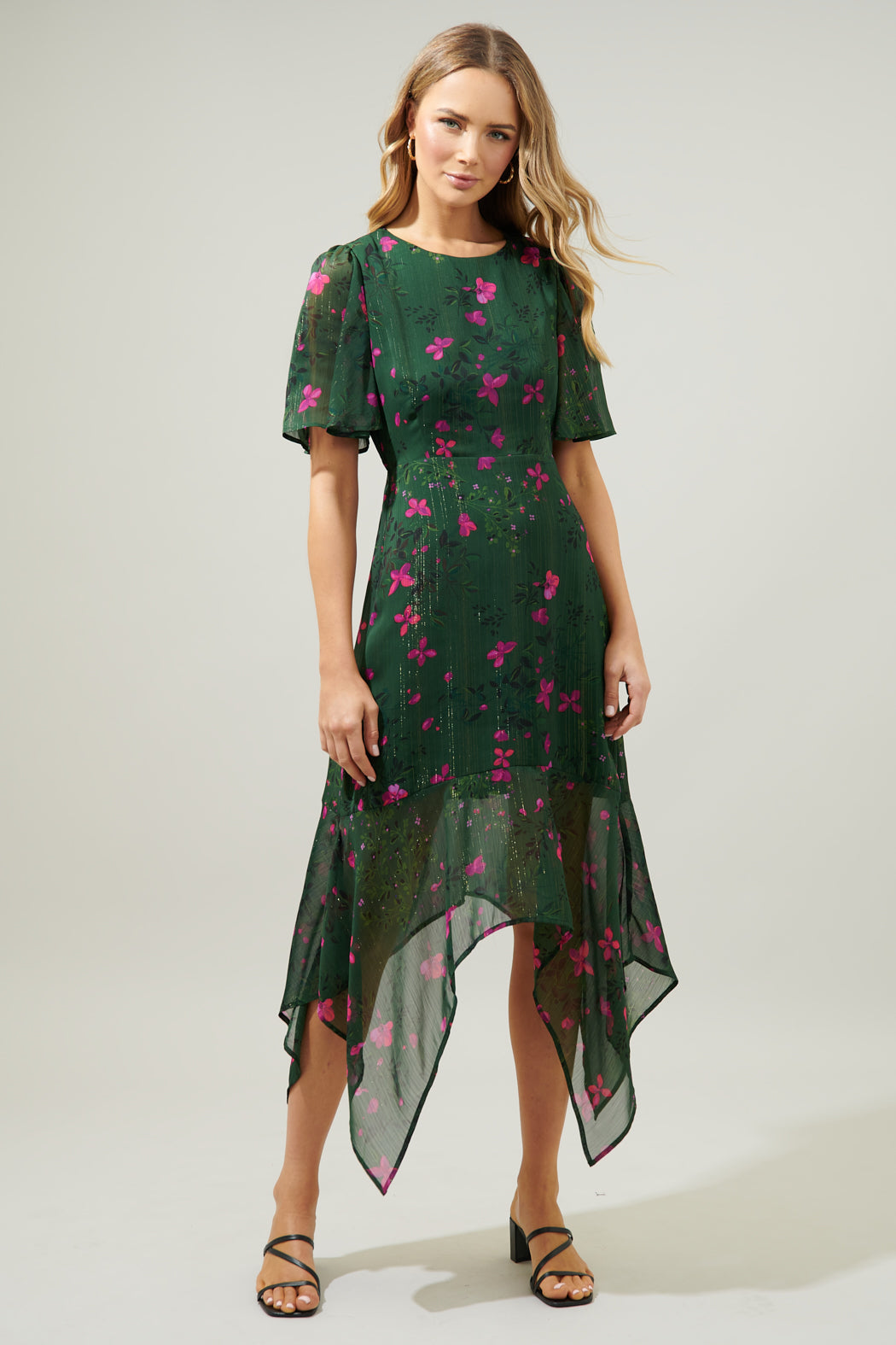 Juniper Floral AERIN Asymmetrical Flutter Midi Dress FOREST-PNK / Xs by Sugarlips Juniper Floral AERIN Asymmetrical Flutter Midi Dress FOREST-PNK / Xs by Sugarlips