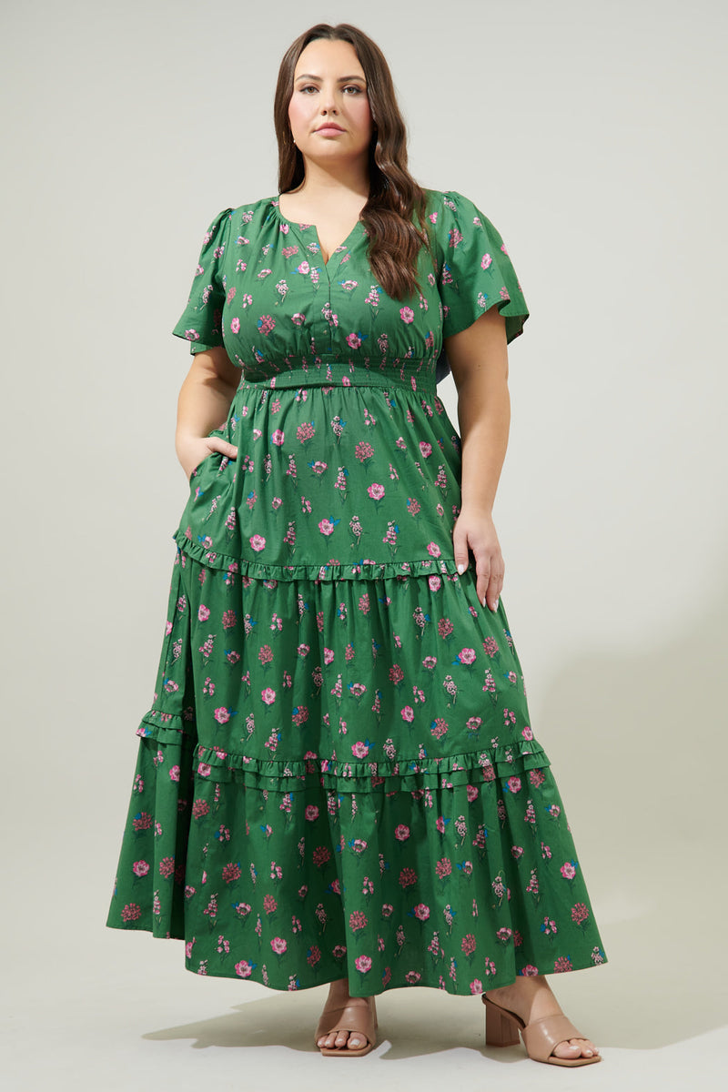 Trini Floral Palmer Poplin Tiered Maxi Dress Curve – Sugarlips