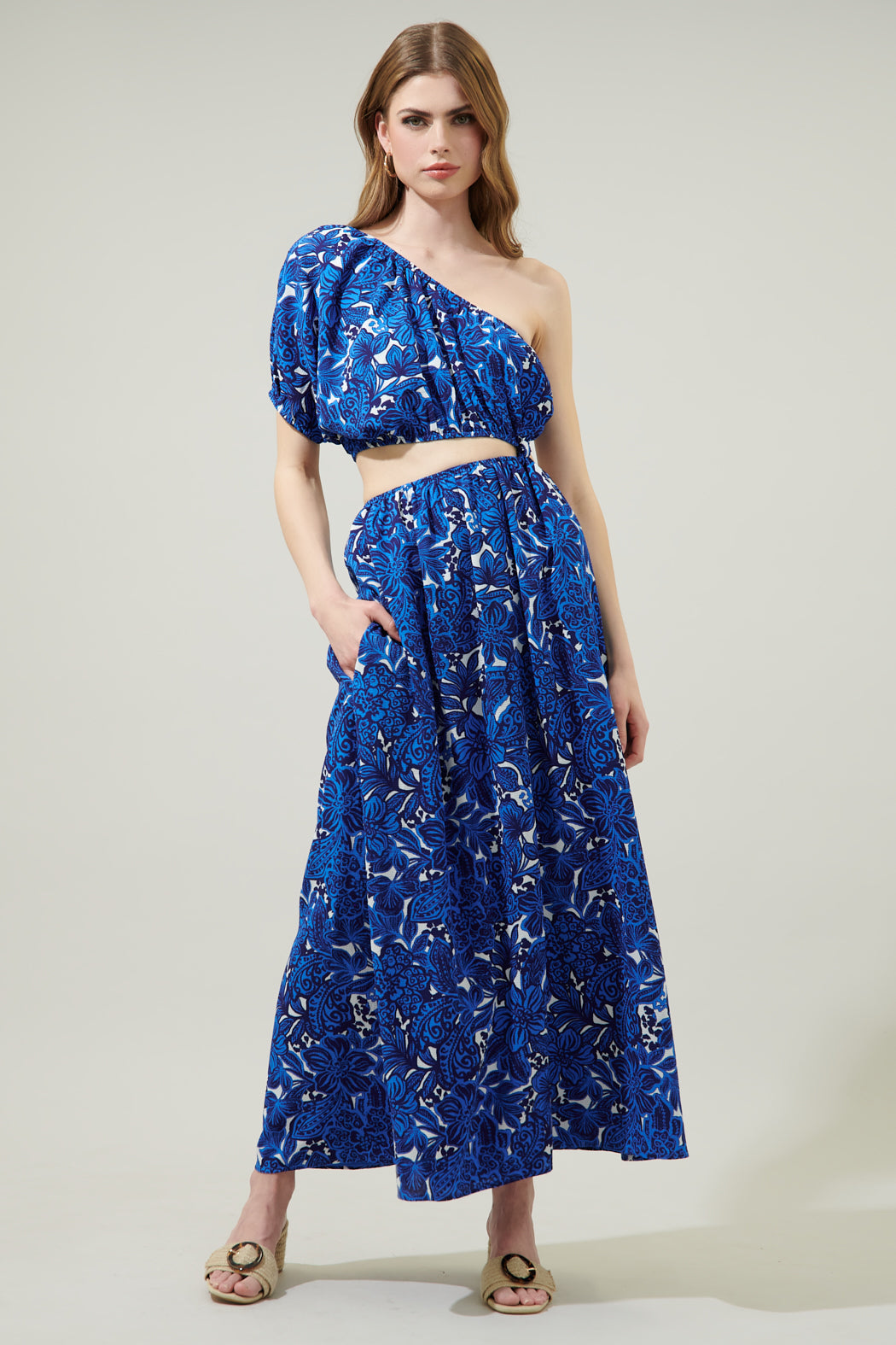 Caspian Floral Cutout One Shoulder Maxi Dress CERULEAN-BLUE / L by Sugarlips Caspian Floral Cutout One Shoulder Maxi Dress CERULEAN-BLUE / L by Sugarlips