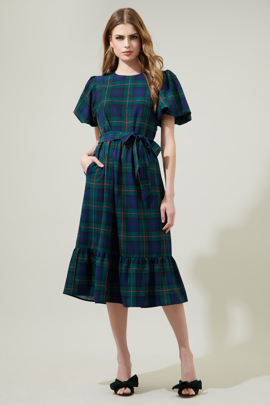Hudson Plaid Palomino Bubble Sleeve Midi Dress GREEN-BLUE / S by Sugarlips Hudson Plaid Palomino Bubble Sleeve Midi Dress GREEN-BLUE / S by Sugarlips
