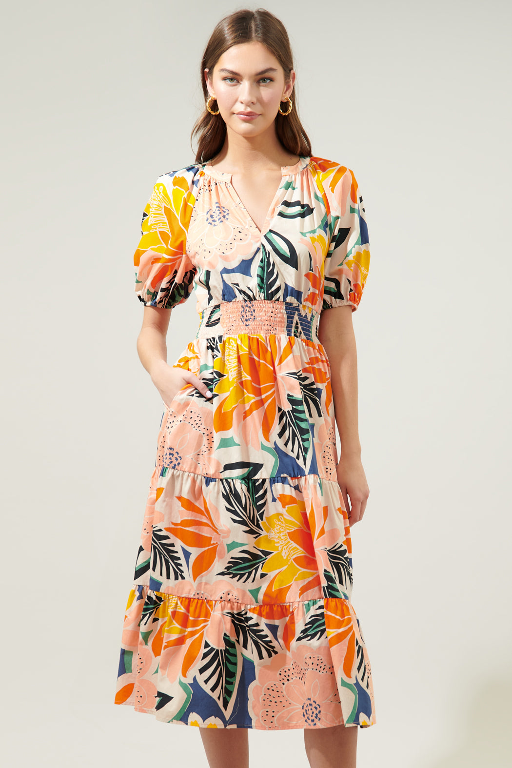Orange Blossom Hacienda Puff Sleeve Midi Dress CORAL-MULTI / M by Sugarlips Orange Blossom Hacienda Puff Sleeve Midi Dress CORAL-MULTI / M by Sugarlips