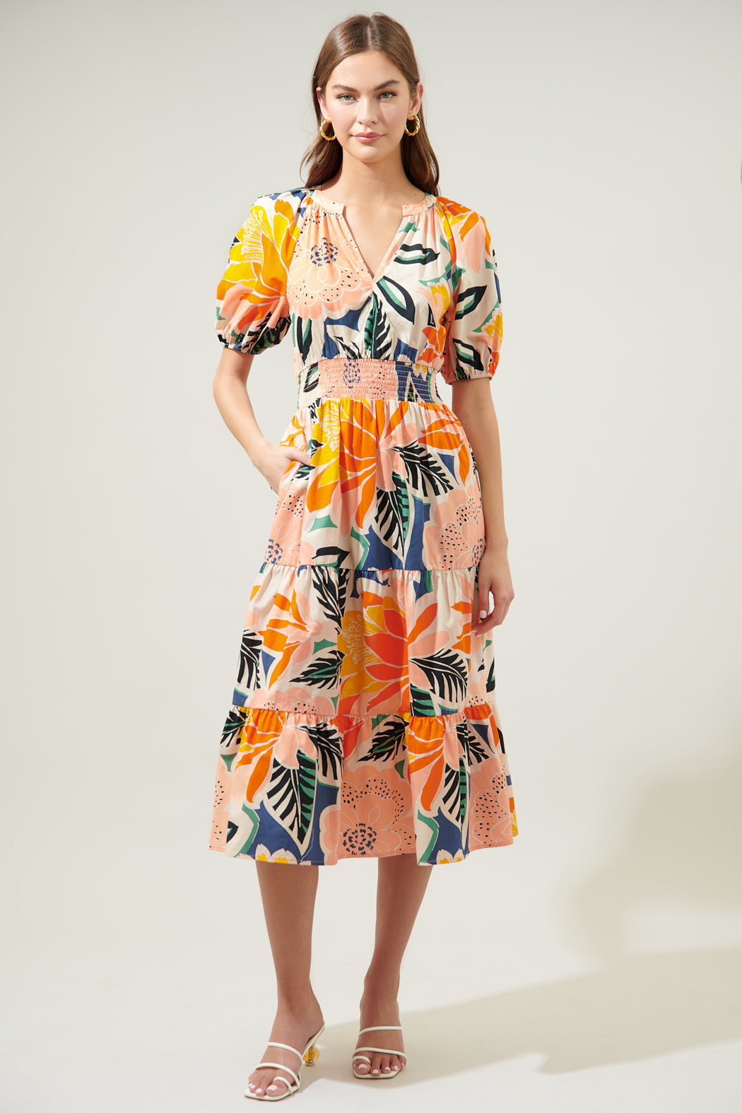 Orange Blossom Hacienda Puff Sleeve MIdi Dress CORAL-MULTI / M by Sugarlips Orange Blossom Hacienda Puff Sleeve MIdi Dress CORAL-MULTI / M by Sugarlips