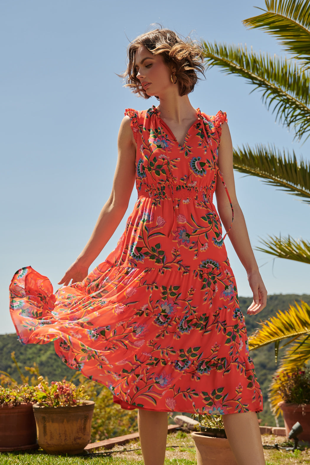 Papaya Floral Pisces Smocked Midi Dress Papaya Floral Pisces Smocked Midi Dress