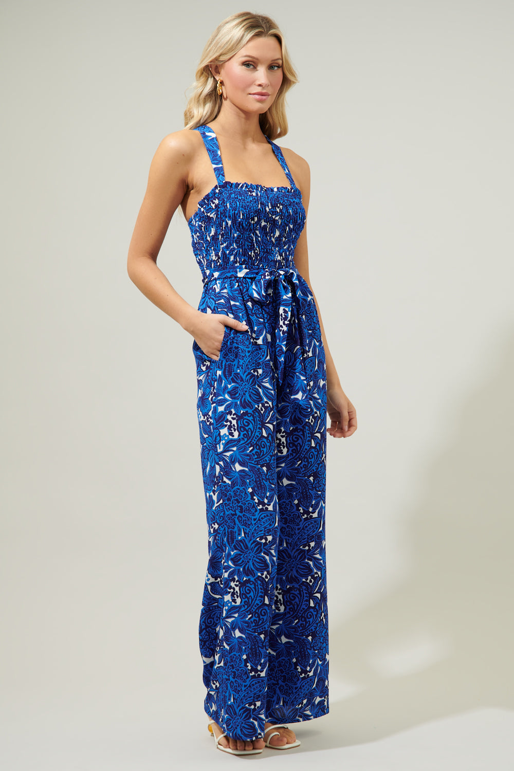 Caspian Floral Erie Racerback Jumpsuit CERULEAN-BLUE / XS by Sugarlips Caspian Floral Erie Racerback Jumpsuit CERULEAN-BLUE / XS by Sugarlips