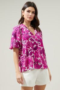 Tropical Orchid Bluebay Puff Sleeve Blouse