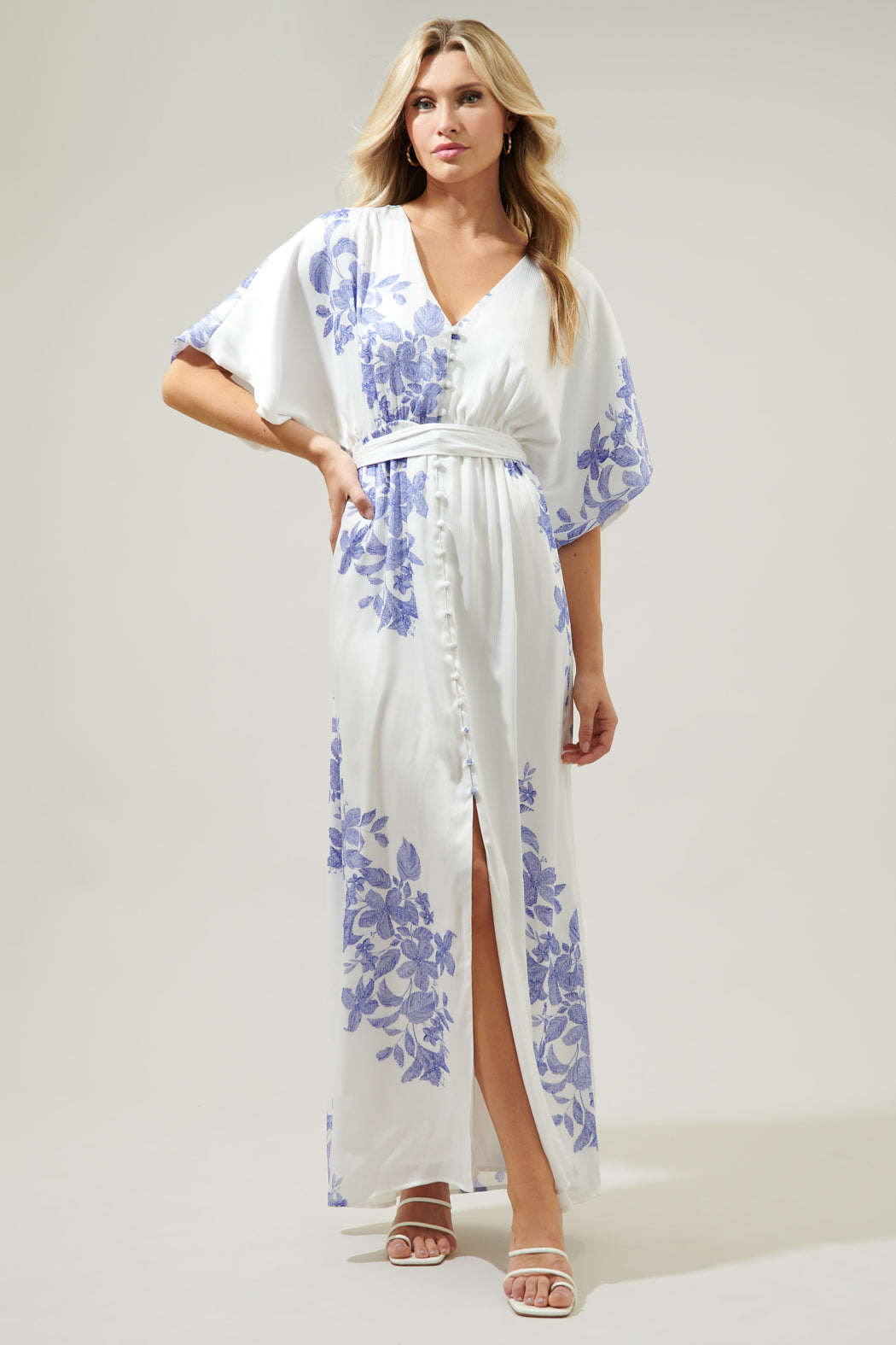 cobalt print satin kimono maxi dress Baltic Born Womens Watson Kimono Maxi Dress | Blue + White