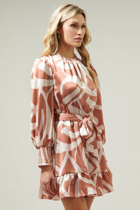 Peachy Keen Abstract Sevilla Satin Ruffle Dress