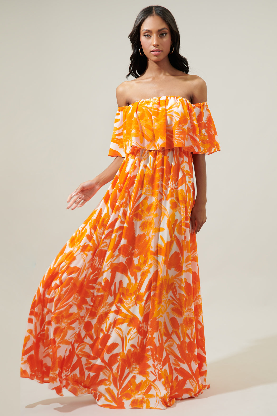 Tropical Dreamsicle Enamored Off the Shoulder Ruffle Dress WHITE-ORANGE / XS by Sugarlips Tropical Dreamsicle Enamored Off the Shoulder Ruffle Dress WHITE-ORANGE / XS by Sugarlips
