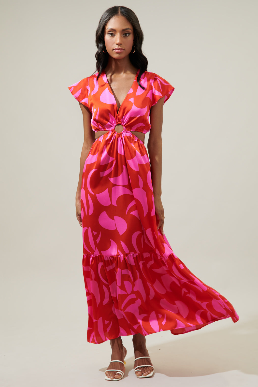 Minka Abstract O-Ring Cut Out Midi Dress PINK-RED-MUL / L by Sugarlips Minka Abstract O-Ring Cut Out Midi Dress PINK-RED-MUL / L by Sugarlips