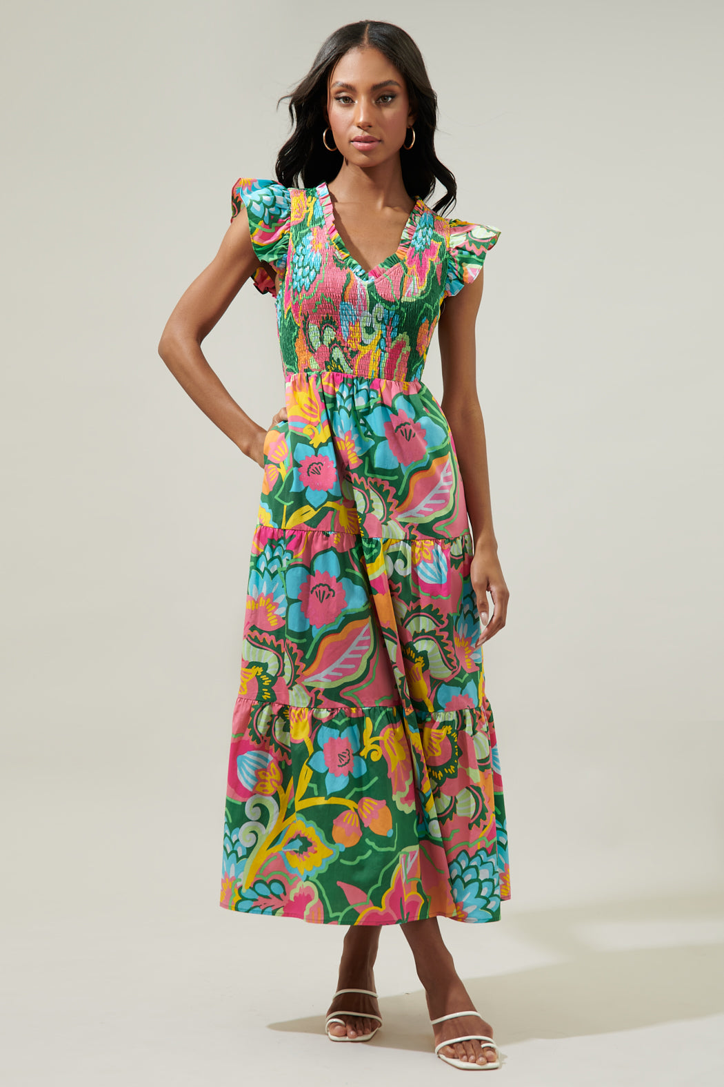 Lanai Multi Tropics Sunfire Smocked Bodice Tiered Midi Dress – Sugarlips
