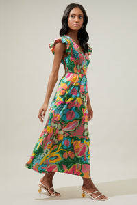 Lanai Multi Tropics Sunfire Smocked Bodice Tiered Midi Dress