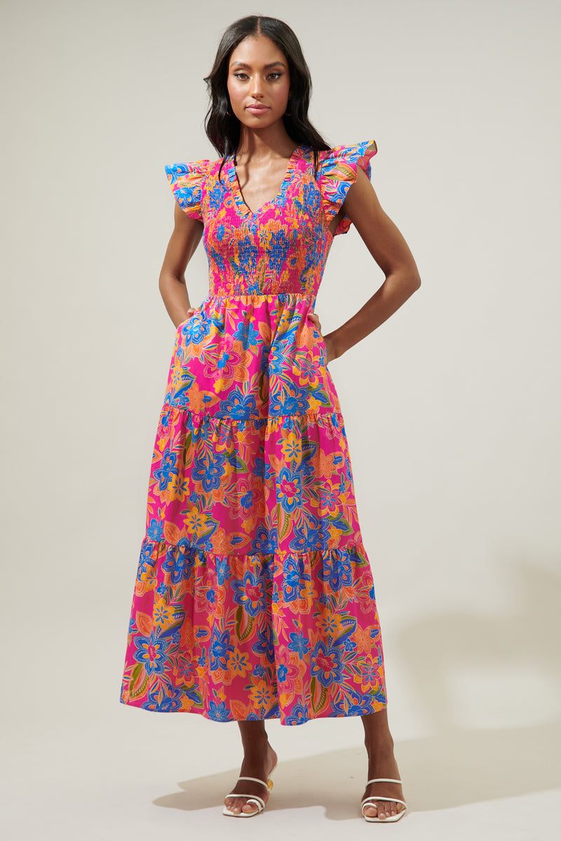 Ranchero Floral Sunfire Smocked Bodice Tiered Midi Dress – Sugarlips