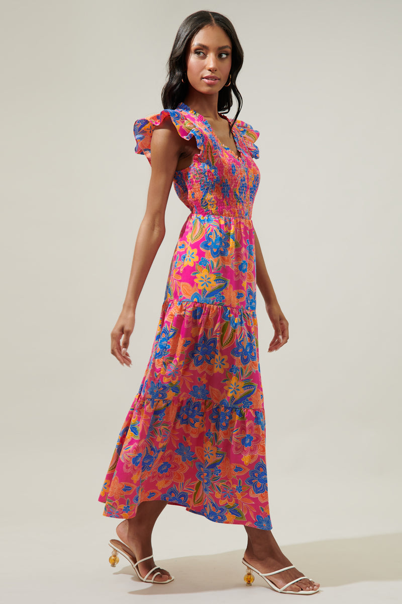 Ranchero Floral Sunfire Smocked Bodice Tiered Midi Dress – Sugarlips