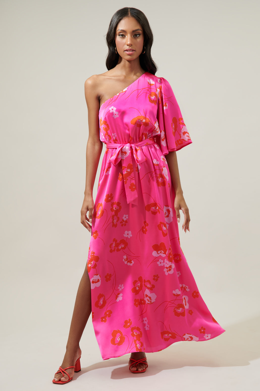 Cherry Blossom Meara One Shoulder Satin Maxi Dress PINK-RED-MULTI / S by Sugarlips Cherry Blossom Meara One Shoulder Satin Maxi Dress PINK-RED-MULTI / S by Sugarlips