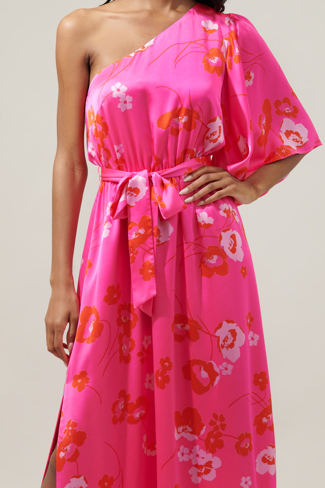 pink and red one shoulder dress Cherry Blossom Meara One Shoulder Satin Maxi Dress PINK-RED-MULTI / S by Sugarlips
