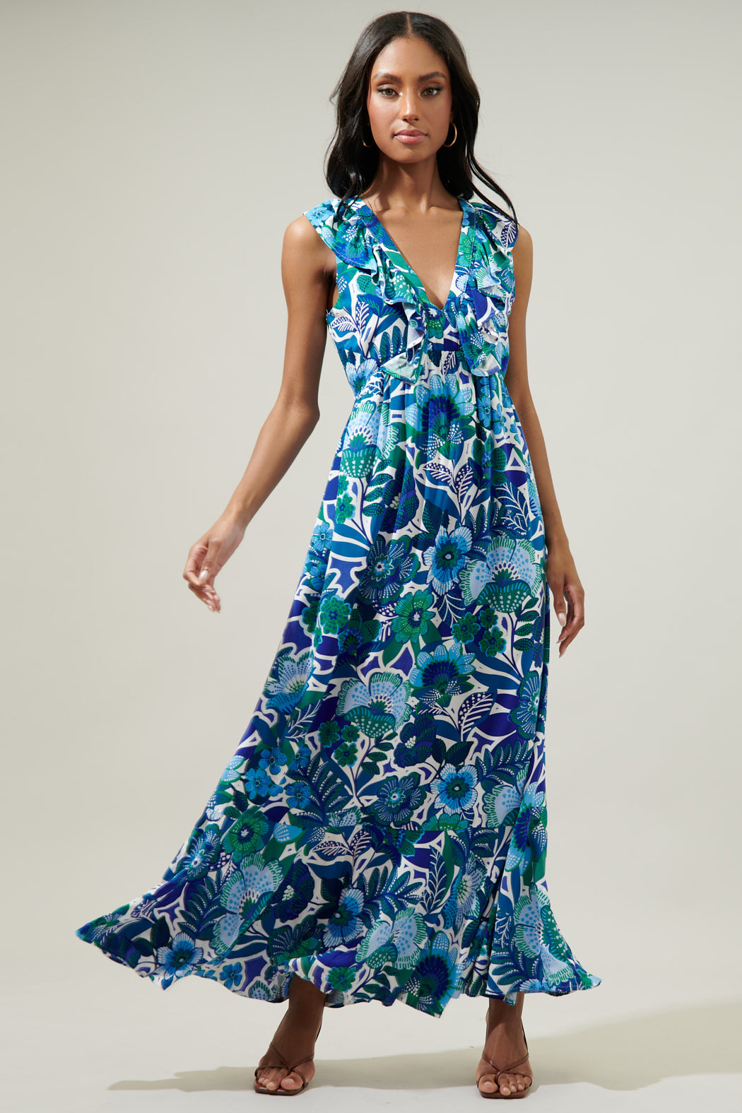 deep v neck floral maxi dress Floral Print Short Sleeve Deep V Neck Tiered Maxi Dress S