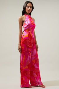 Sangria Abstract After Hours Satin Backless Halter Jumpsuit