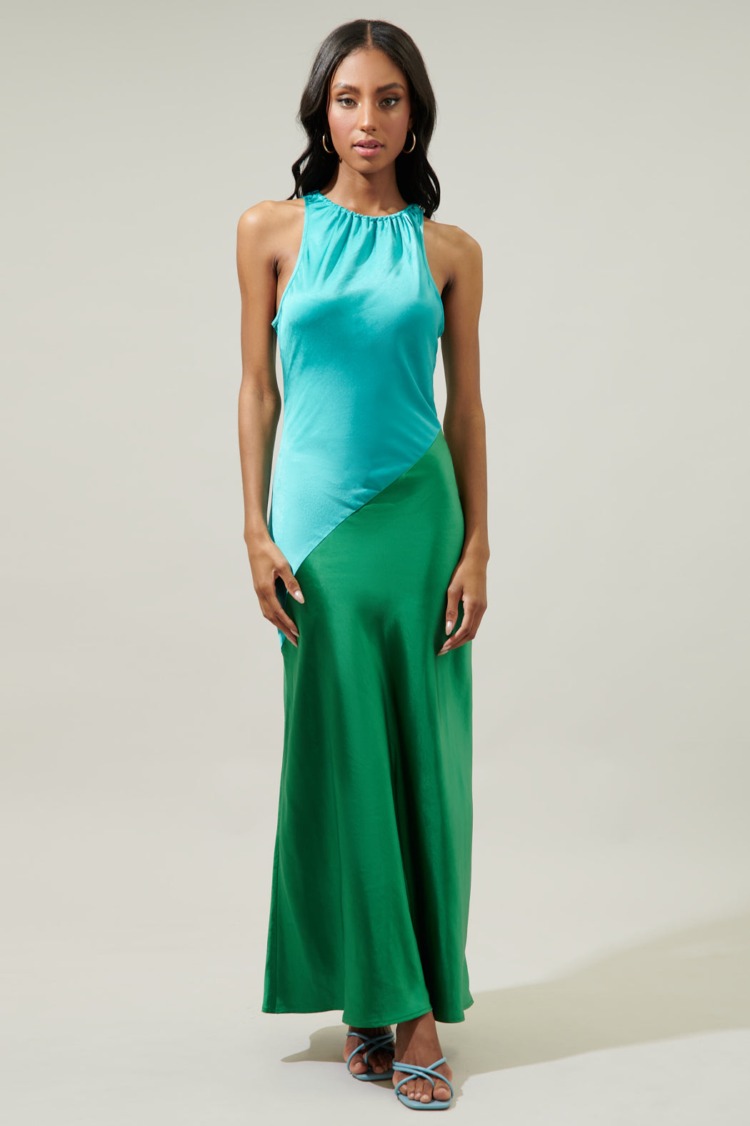 color block halter maxi dress Cristinah Striped Knit Halter Neck Color Block Midi Dress in Pink