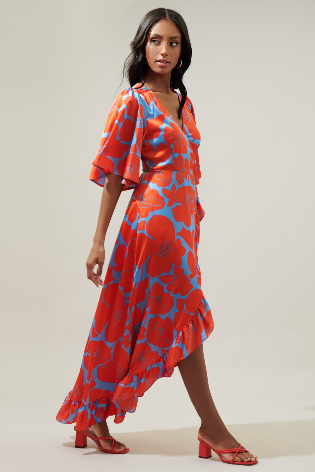 red poppy print dress Red & White Poppy Print Mesh Midi Dress