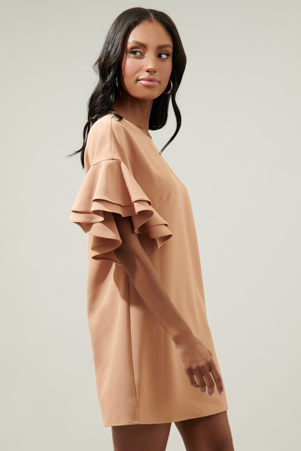 Chelsea Bell Sleeve Shift Mini Dress CAMEL / XS