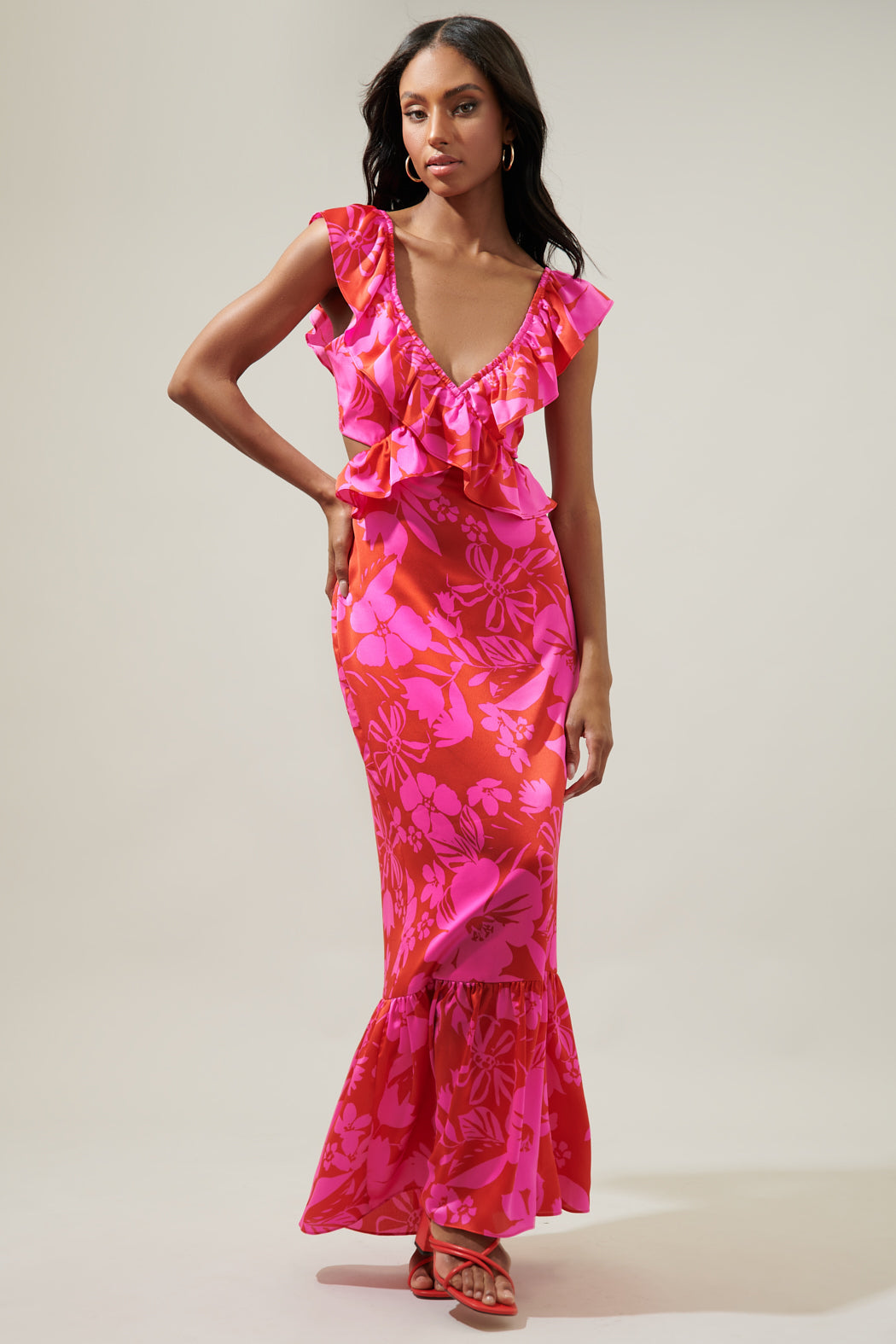 floral mermaid maxi dress Peach Floral Print Mermaid Maxi Dress