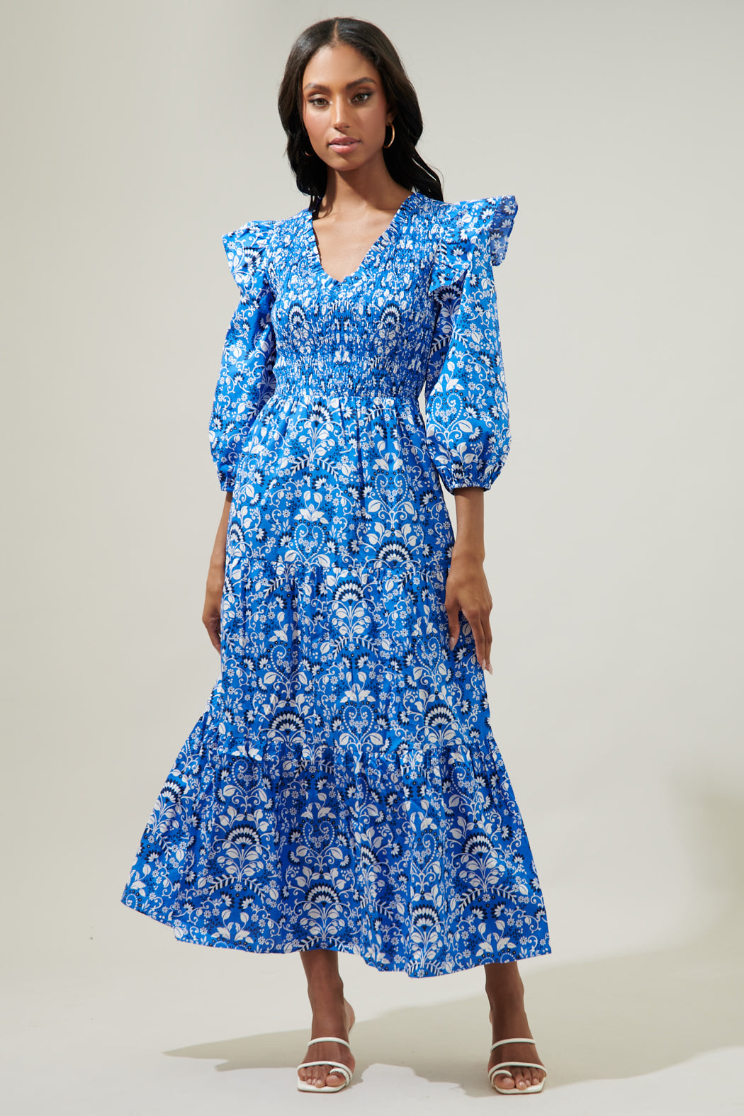 Lulu Floral Brighton Smocked Poplin Maxi Dress LT-BLUE-WHIT / XS by Sugarlips Lulu Floral Brighton Smocked Poplin Maxi Dress LT-BLUE-WHIT / XS by Sugarlips