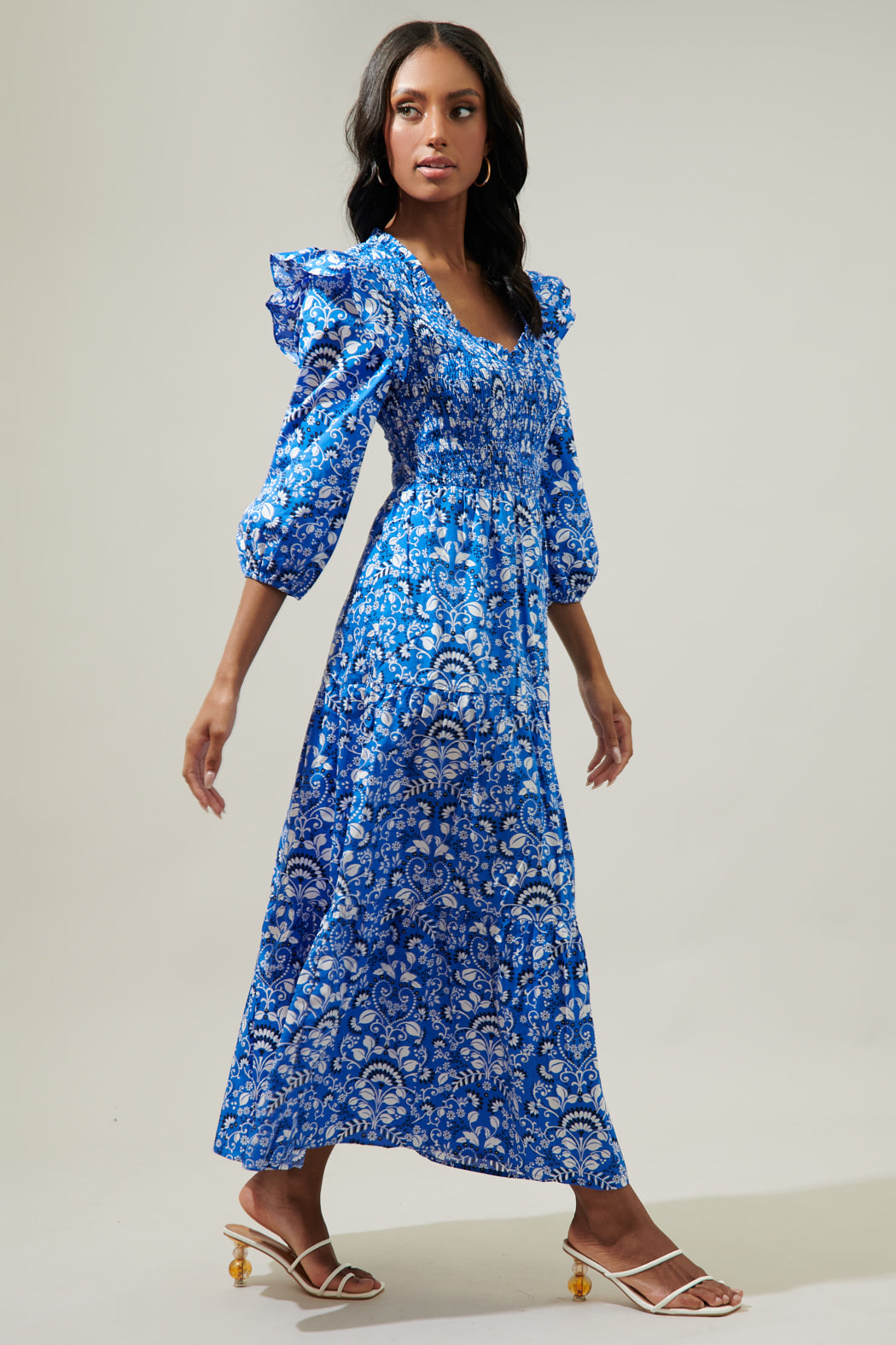Lulu Floral Brighton Smocked Poplin Maxi Dress LT-BLUE-WHIT / XS by Sugarlips Lulu Floral Brighton Smocked Poplin Maxi Dress LT-BLUE-WHIT / XS by Sugarlips