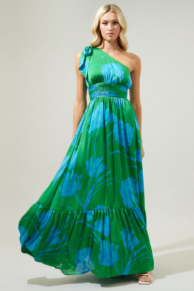 chiffon printed one shoulder maxi dress Seamoss Floral Bayou One Shoulder Maxi Dress KELLY-BLUE-MULTI / L by Sugarlips
