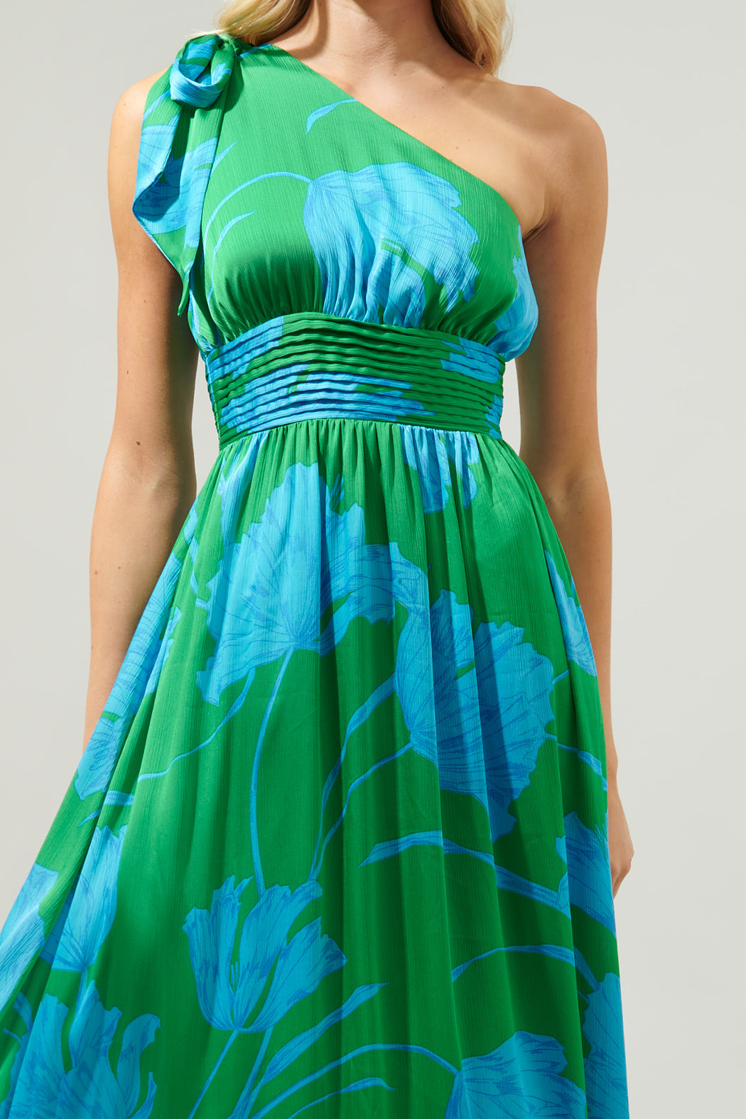 green and blue floral dress Seamoss Floral Bayou One Shoulder Maxi Dress KELLY-BLUE-MULTI / L by Sugarlips