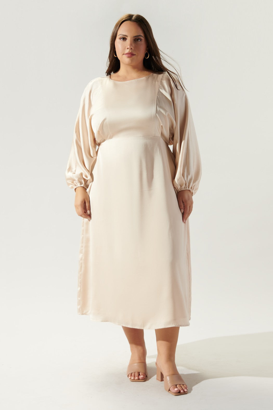 Long Sleeve Satin Midi Dress Beige Satin Dress Ivory Silk Open Back Dress With Long Sleeves, Long Sleeve Satin Midi Dress Beige Satin Dress Ivory Silk Open Back Dress With Long Sleeves,