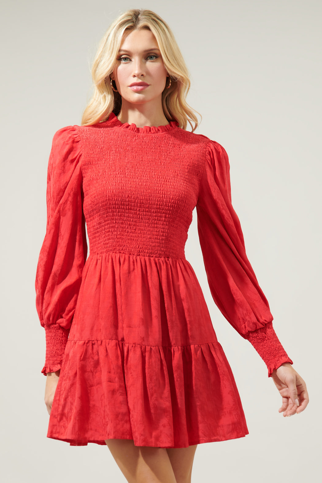 Elizabeth Long Sleeve Smocked Mini Dress RED / XL by Sugarlips Elizabeth Long Sleeve Smocked Mini Dress RED / XL by Sugarlips