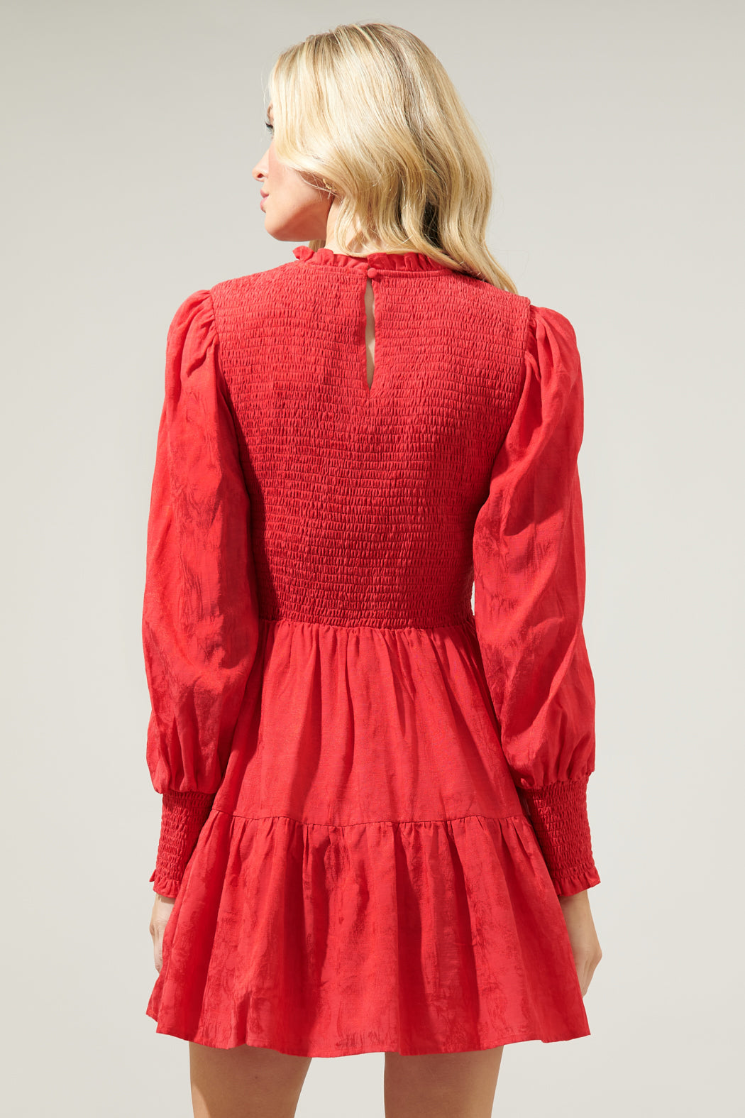 Elizabeth Long Sleeve Smocked Mini Dress RED / L by Sugarlips Elizabeth Long Sleeve Smocked Mini Dress RED / L by Sugarlips