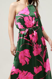 Eartha Floral Meara One Shoulder Satin Maxi Dress